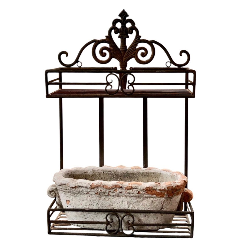 Vintage Wrought Iron Shelf Terracotta Planter Ornate Rust Patina Fleur de Lis